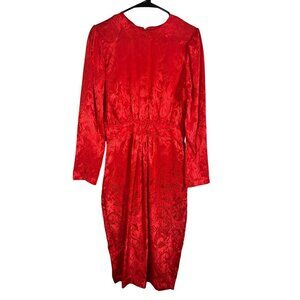 Retro Floral Dress Red S Festive Holiday Classic Chic Preppy Shiny Feminine 80s